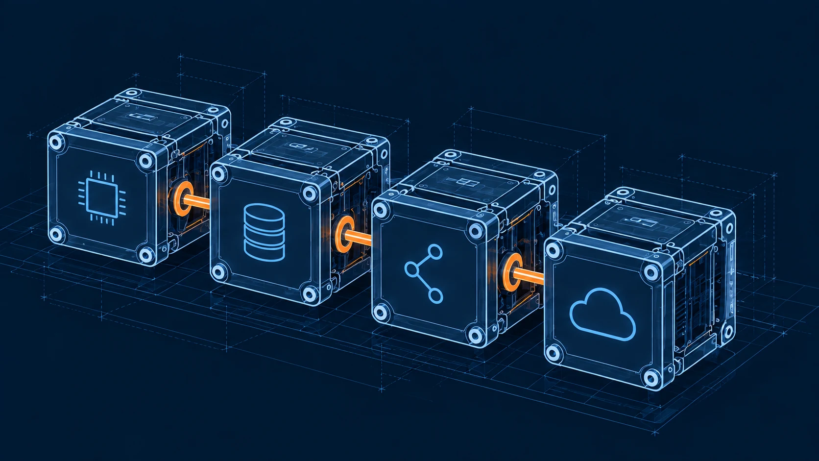 Physical metaphor for four connected software modules